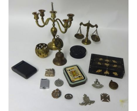 A pair of gold scales also various brass ware and sundry boxes, cap badges, medallions, playing cards etc
