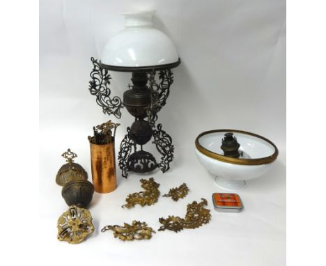 A 19th Century Dutch gilt brass hanging oil lamp and a similar table standing Dutch oil lamp with white opaline shade (2).