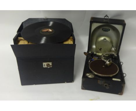 A Decca gramophone, old LP records.