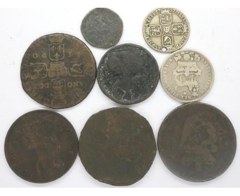 1827 shilling, holed 1757 sixpence and six copper coins (8). P&amp;P Group 1 (£14+VAT for the first lot and £1+VAT for subseq