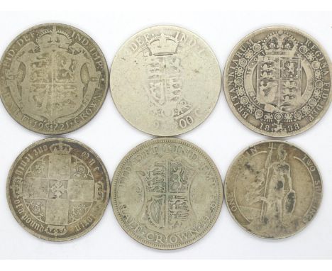 Four silver half crowns and two florins, Queen Victoria and later. P&amp;P Group 1 (£14+VAT for the first lot and £1+VAT for 