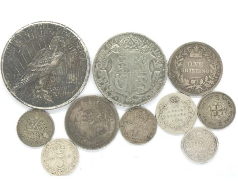 Mixed silver coins to include 1922 USA Liberty dollar and 1927 half crown. P&amp;P Group 2 (£18+VAT for the first lot and £3+