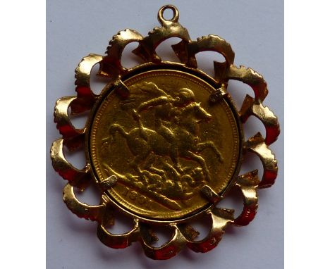 1891 full sovereign of Queen Victoria, worn, in loose pendant mount, overall 12.7g. P&amp;P Group 1 (£14+VAT for the first lo