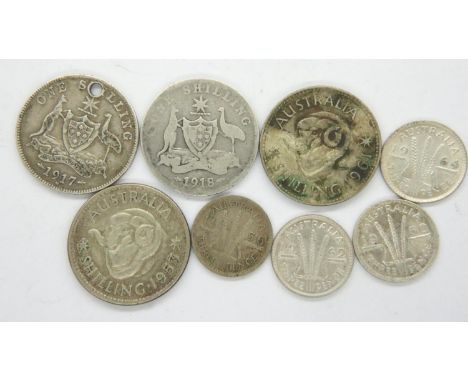 Eight Australian silver coins, George V to Elizabeth II. P&amp;P Group 1 (£14+VAT for the first lot and £1+VAT for subsequent