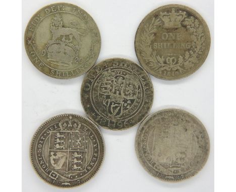 Four Victorian silver shillings and a 1926 example. P&amp;P Group 1 (£14+VAT for the first lot and £1+VAT for subsequent lots