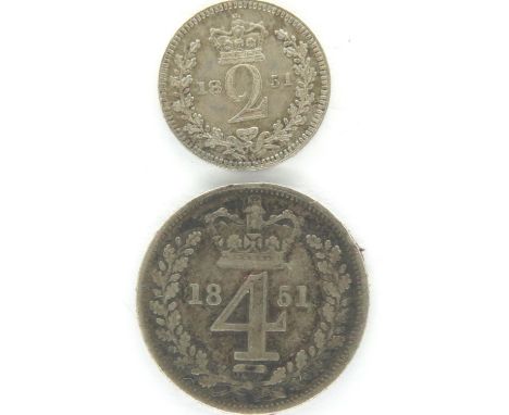 1851 extra rare Maundy part coin set with bespoke fitted presentation box, 2d and 4d. P&amp;P Group 1 (£14+VAT for the first 