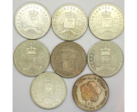 Sultan Brunei silver proof fifty dollars, with seven Dutch silver ten Guilders (8). P&amp;P Group 1 (£14+VAT for the first lo