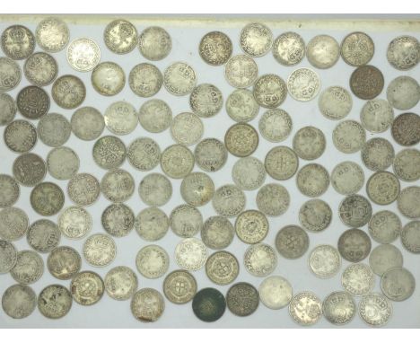 100 mixed silver threepences including Victorian. P&amp;P Group 1 (£14+VAT for the first lot and £1+VAT for subsequent lots) 