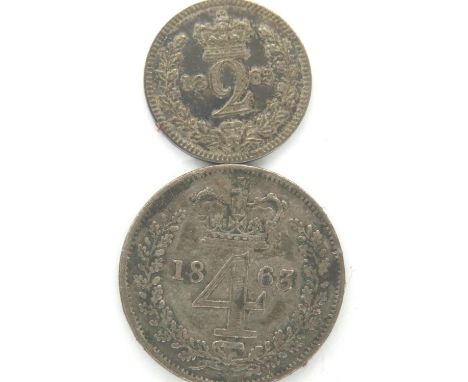 1863 Maundy part coin set with bespoke fitted presentation box, 2d and 4d. P&amp;P Group 1 (£14+VAT for the first lot and £1+