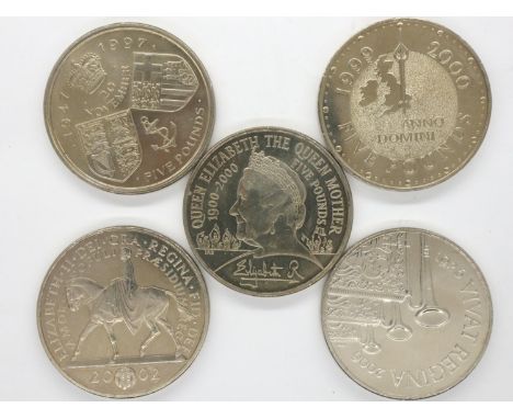 Five commemorative five pound coins. P&amp;P Group 1 (£14+VAT for the first lot and £1+VAT for subsequent lots) 