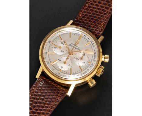 A FINE GENTLEMAN'S 18K SOLID YELLOW GOLD OMEGA SEAMASTER CHRONOGRAPH WRIST WATCHCIRCA 1965, REF. 105.005-65 WITH CAL. 321 MOV