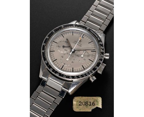 A POSSIBLY UNIQUE GENTLEMAN'S STAINLESS STEEL OMEGA SPEEDMASTER CHRONOGRAPH BRACELET WATCHCIRCA 1963, REF. 105.002-62 S.C. FI