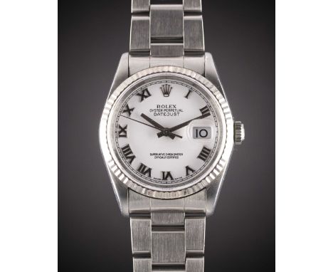 A GENTLEMAN'S STEEL & WHITE GOLD ROLEX OYSTER PERPETUAL DATEJUST BRACELET WATCHCIRCA 1997, REF. 16234 WITH WHITE ROMAN NUMERA