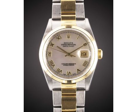 A GENTLEMAN'S SIZE STEEL & GOLD ROLEX OYSTER PERPETUAL DATEJUST BRACELET WATCHCIRCA 2001, REF. 16203 WITH MOTHER OF PEARL DIA