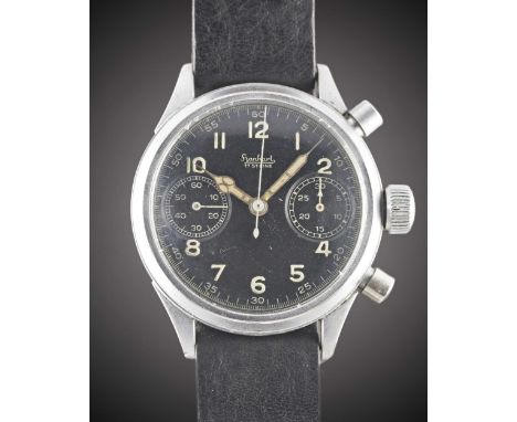 A GENTLEMAN'S GERMAN MILITARY HANHART LUFTWAFFE PILOTS FLYBACK CHRONOGRAPH WRIST WATCHCIRCA 1940sMovement: Manual wind, numbe