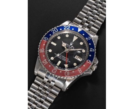 A GENTLEMAN'S STAINLESS STEEL ROLEX OYSTER PERPETUAL GMT MASTER "PEPSI" BRACELET WATCHCIRCA 1979, REF. 1675 WITH MK5 MATT DIA