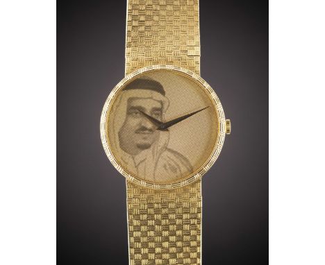 A RARE GENTLEMAN'S 18K SOLID YELLOW GOLD CHOPARD AUTOMATIC BRACELET WATCHCIRCA 1980s, REF. 1038 1 WITH DIAL DEPICTING KING FA