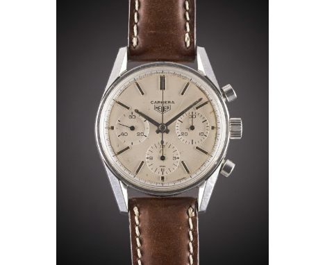 A GENTLEMAN'S STAINLESS STEEL HEUER CARRERA CHRONOGRAPH WRIST WATCHCIRCA 1963, REF. 2447S WITH "EGGSHELL" DIALMovement: 17J, 