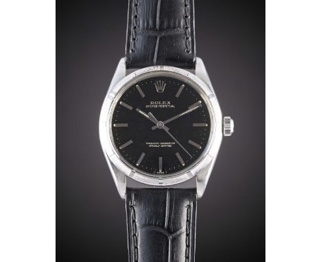A GENTLEMAN'S STAINLESS STEEL ROLEX OYSTER PERPETUAL WRIST WATCHCIRCA 1967, REF. 1003 WITH GLOSS BLACK GILT DIALMovement: 26J
