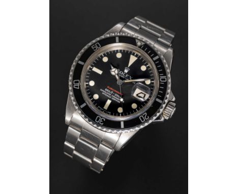 A RARE GENTLEMAN'S STAINLESS STEEL ROLEX OYSTER PERPETUAL DATE "RED WRITING" SUBMARINER BRACELET WATCHCIRCA 1972, REF. 1680 "