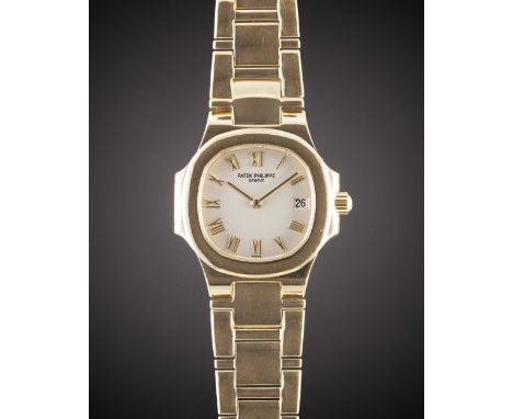 A LADIES 18K SOLID YELLOW GOLD PATEK PHILIPPE NAUTILUS BRACELET WATCHDATED 2001, REF. 4700/51J WITH BOX, PAPERS, BOOKLETS, TA