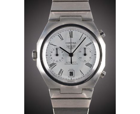 A RARE GENTLEMAN'S STAINLESS STEEL HEUER CORTINA AUTOMATIC CHRONOGRAPH BRACELET WATCHCIRCA 1977, REF. 110.233 WHITE DIAL WITH