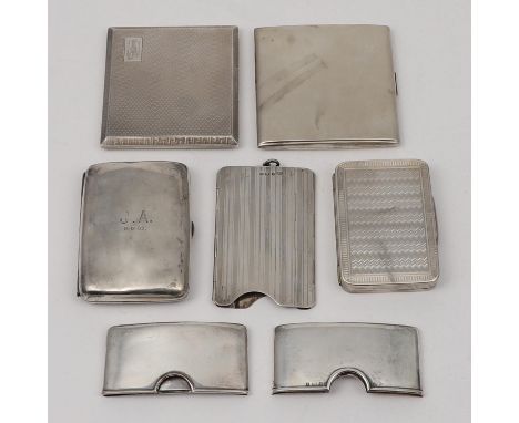 a rectangular snuff box, with engine-turned decoration, three card cases (one with squeeze sides), and three cigarette cases,