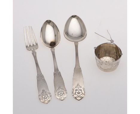 two spoons and a fork, with a flowerhead terminal, inscribed on the reverse, by Magnus Aase of Bergen c.1920, together with a