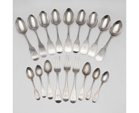 a set of five table spoons, a table fork and a dessert spoon, by Patrick Moore, Dublin 1827, another dessert spoon, by Samuel