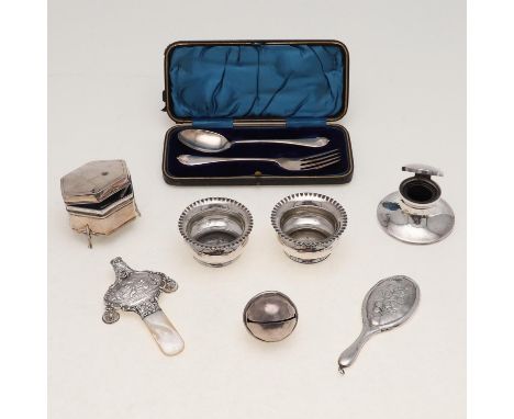 a George V cased christening fork & spoon, by William Gallimore & Sons, Sheffield 1927, a small octagonal jewel box, a baby r
