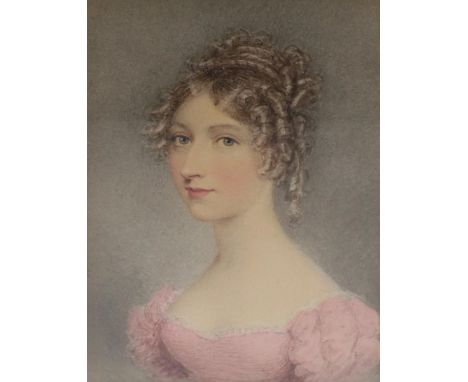 Miniature portrait of a young lady wearing a pink dress, her hair in ringlets, head and shoulders, on card; 9.5cm x 7.5cm. **