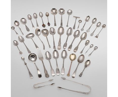 including a quantity of tea/ coffee spoons, a fork, two pairs of sugar tongs, a pusher, four condiment spoons, a silvergilt a