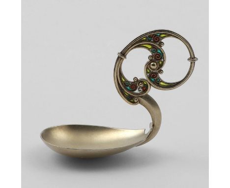 with a scroll and bead-work handle decorated with Plique-à-jour enamel, with a drop-shaped bowl,  with a frosted finish all o
