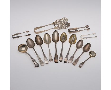 a pair of George III later-decorated berry spoons, four table spoons (mixed patterns, makers and dates, all initialled), two 