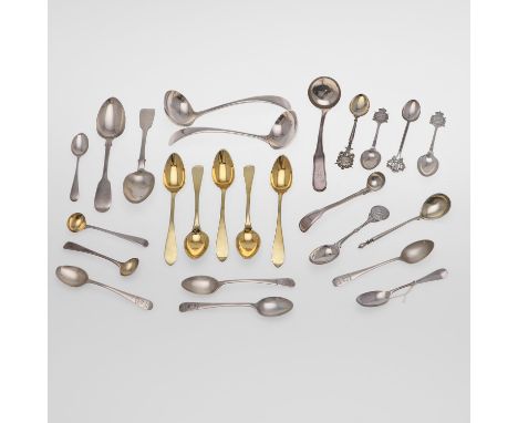 a pair of sauce ladles, a small Scottish ladle (initialled), a pair of Victorian Fiddle dessert spoons, a set of five contine