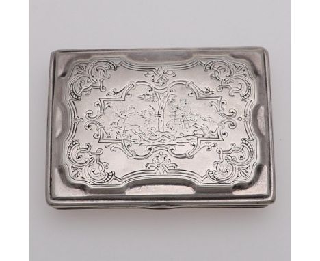 the shaped-convex cover chased with a hunting scene within a foliate scroll border, the reverse also with a landscape scene, 