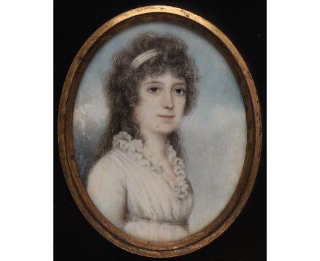 a portrait of a lady, wearing a white dress, half length on ivory; 7.25cm x 5.75cm. ** Some fading and paint loss  Please con