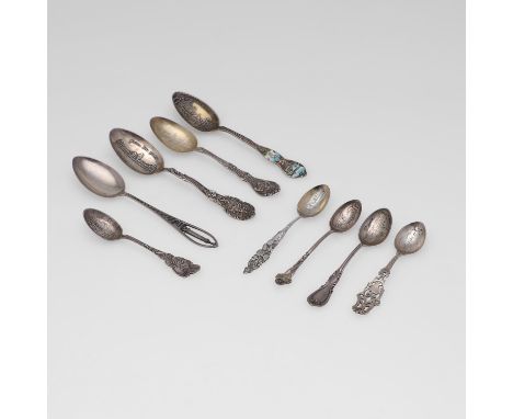 from varying states: one with enamel decoration for The Mission Inn, Riverside, CA, a teaspoon from Hotel Del Monte also from