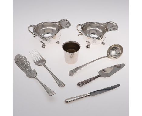 a George V soup ladle, Old English Pattern, crested, by Walker & Hall, Sheffield 1917, a pair of plated sauce boats, crested,