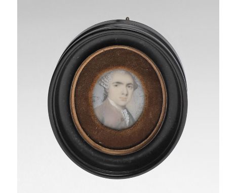 . Miniature portrait of Paul Berthon,1731-1765 merchant, wearing a grey coat and wig, his hair en queue 1731-1765; 3cm x 2.5c