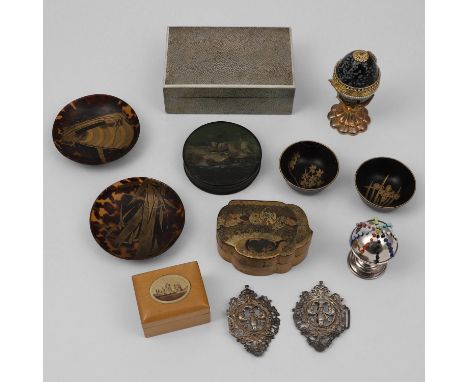 a pair of continental decorative buckles, a shagreen box, with a cedarwood lining, a pair of tortoiseshell bowls, a pair of l