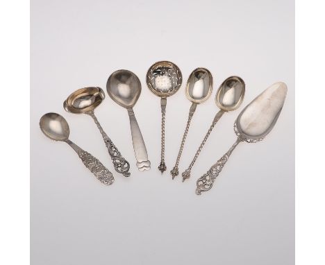 a pair of Danish spoons, with twist stems and a strainer spoon of the same design, initialled, maker's mark "A.M", Copenhagen
