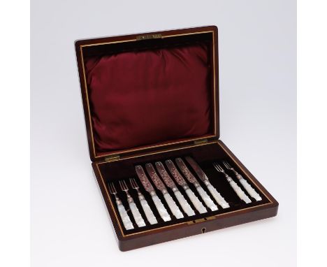 with engraved decoration and mother-of-pearl handles, contained in original mahogany case, by Henry Hobson & Sons, Sheffield 
