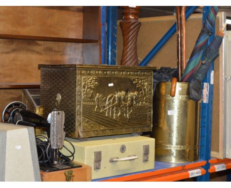 BRASS STICK STAND, QUANTITY STICKS &amp; UMBRELLAS, BRASS MAGAZINE RACK, BRASS COAL BOX, PICNIC SET &amp; VINTAGE SINGER SEWI