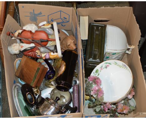 2 BOXES WITH EP TEA SERVICE, LARGE FIGURE ORNAMENT, DOG ORNAMENT, ROYAL WORCESTER BOWL, CHEESE DISH COVER, AMMO BOX ETC     