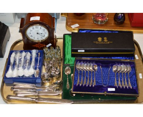 TRAY CONTAINING INLAID MAHOGANY MANTLE CLOCK &amp; ASSORTED CUTLERY INCLUDING SILVER HANDLED KNIVES     