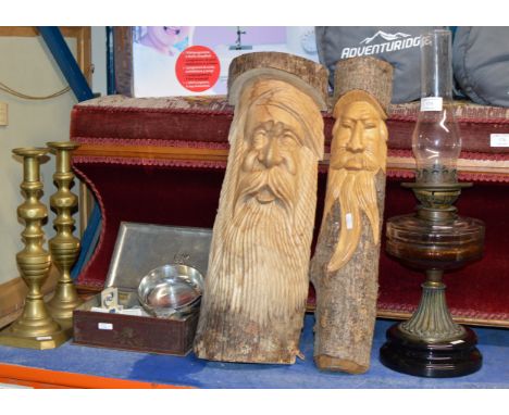 PARAFFIN LAMP, PAIR OF CANDLE STICKS, 2 WOODEN CARVINGS, SMALL QUAICH &amp; QUANTITY CIGARETTE CARDS     
