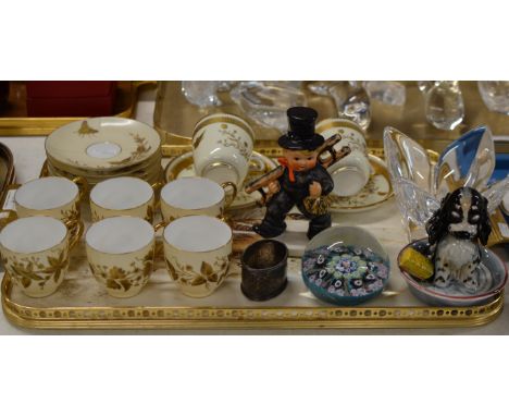 TRAY CONTAINING QUANTITY WORCESTER STYLE COFFEE WARE, GOEBEL FIGURINE, SILVER NAPKIN RING, PAPER WEIGHT ETC     