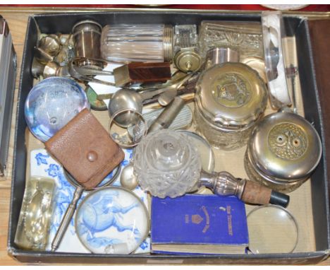 BOX WITH OLD TILE, LIDDED JARS, SOUVENIR SPOONS, NAPKIN RINGS, PAPER WEIGHT ETC     