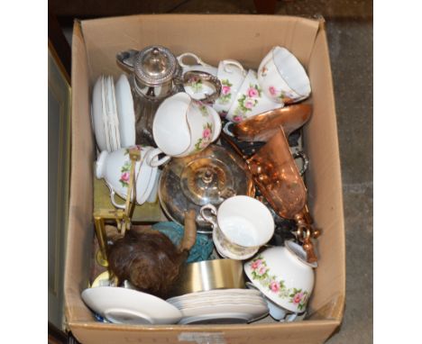 BOX WITH 3 PIECE EP TEA SERVICE, VINTAGE DOLL, TEA WARE, CLARET JUG, MANTLE CLOCK &amp; GENERAL BRIC-A-BRAC     
